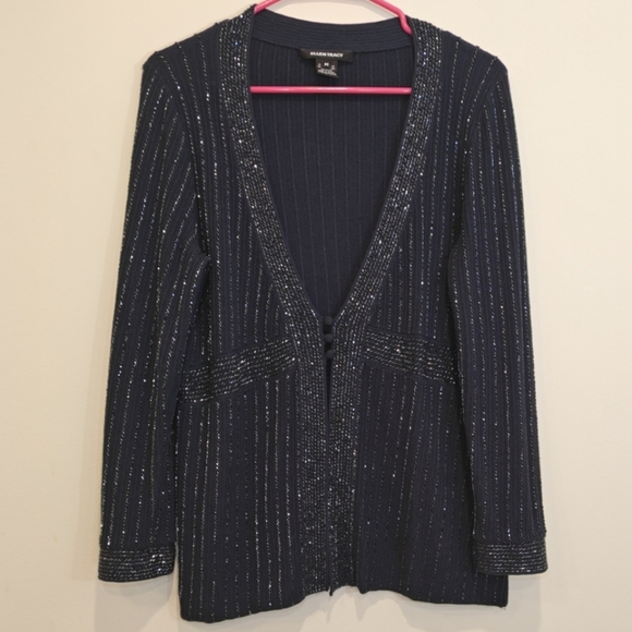 Ellen Tracy Medium Beaded Silk Cashmere Sparkly Sequins‎ Cardigan - Picture 1 of 5